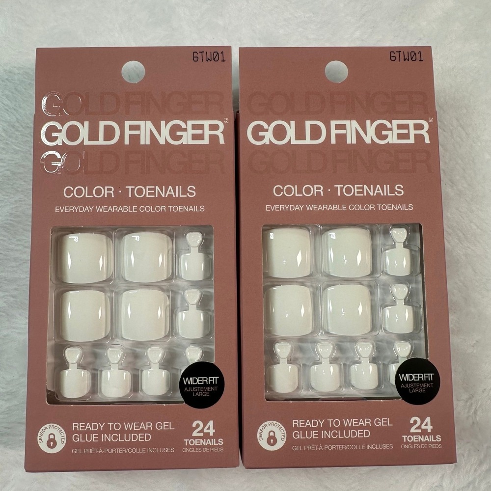 2 pack Gold Finger Color Toenails 2pk White Wider‎ Fit Ready To Wear Gel 24ct